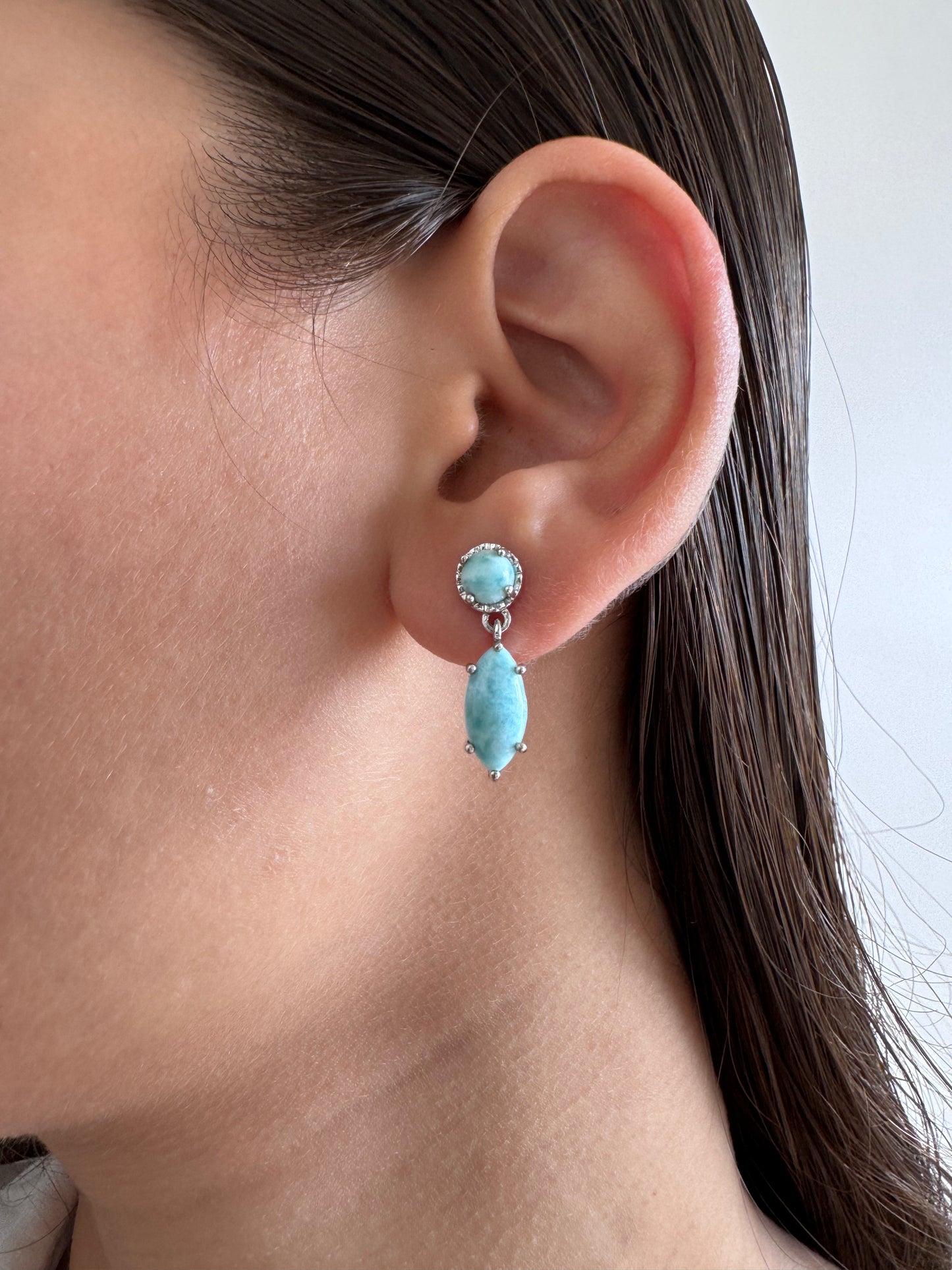 Larimar Cabochon Marquise & Round Shape Earrings Genuine Gemstone in 925 Sterling Silver