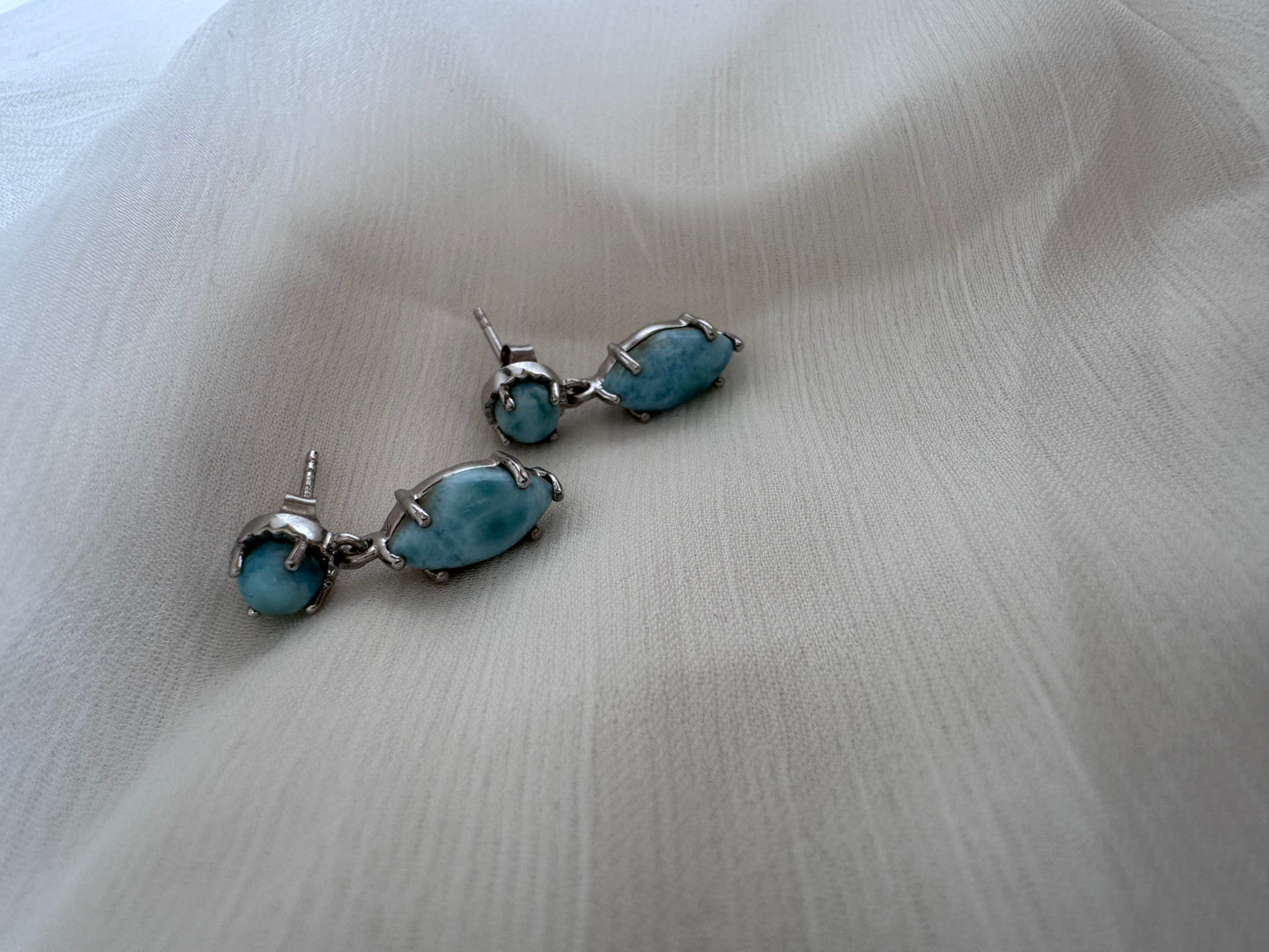 Larimar Cabochon Marquise & Round Shape Earrings Genuine Gemstone in 925 Sterling Silver