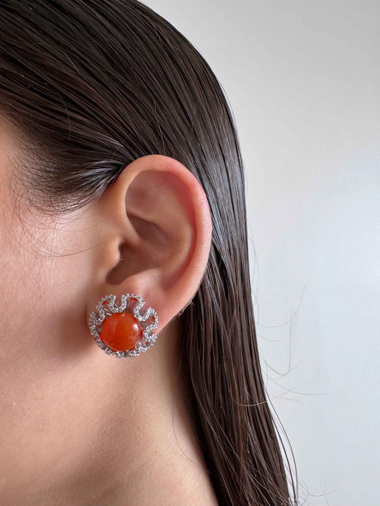 Carnelian Cabochon Round Shape Earrings with White Natural Zircon Round Genuine Gemstone in 925 Sterling Silver