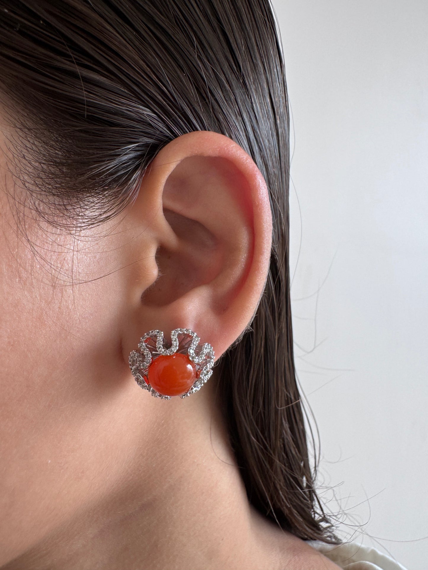 Carnelian Cabochon Round Shape Earrings with White Natural Zircon Round Genuine Gemstone in 925 Sterling Silver