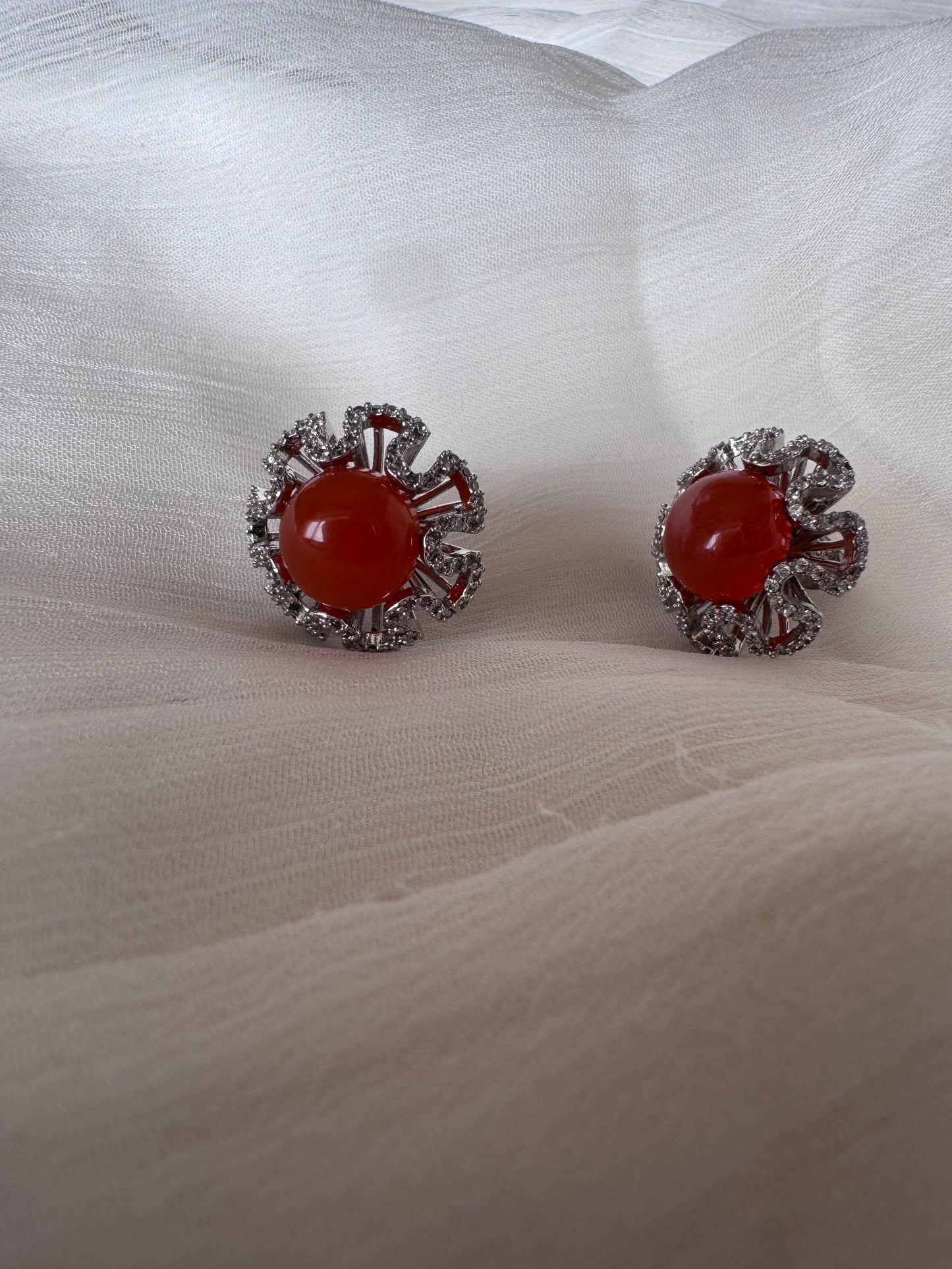 Carnelian Cabochon Round Shape Earrings with White Natural Zircon Round Genuine Gemstone in 925 Sterling Silver