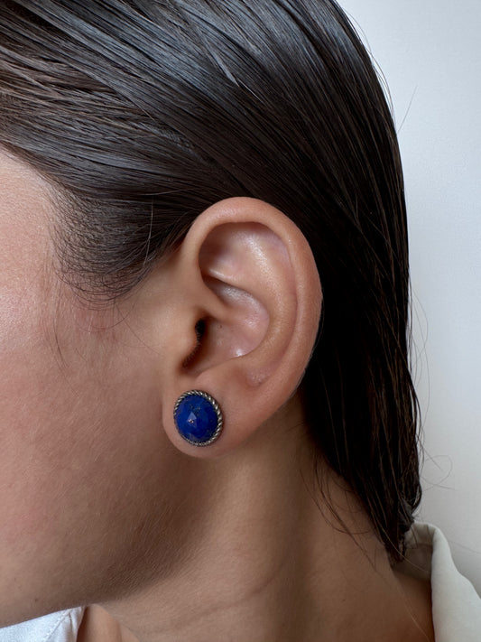 Lapis Checkerboard Round Shape Earrings Genuine Gemstone in 925 Sterling Silver