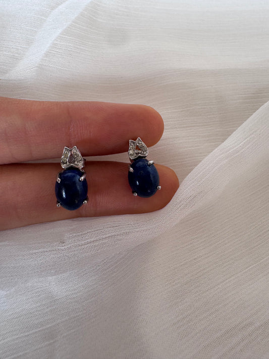 Lapis Cabochon Oval Shape Earrings with White Topaz Round Genuine Gemstone in 925 Sterling Silver