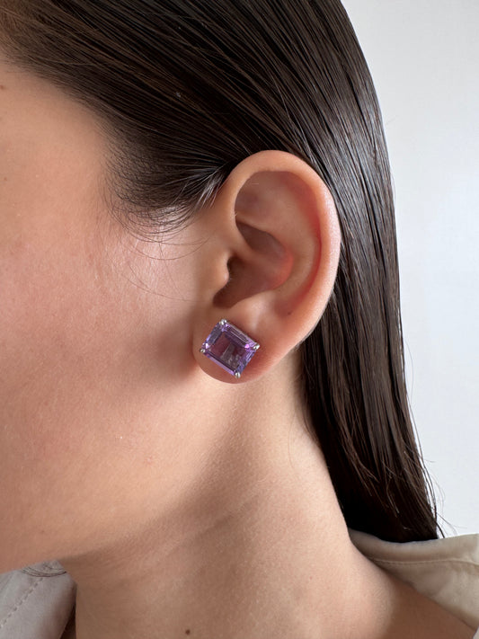 Amethyst Octagon Shape Earrings Genuine Gemstone in 925 Sterling Silver