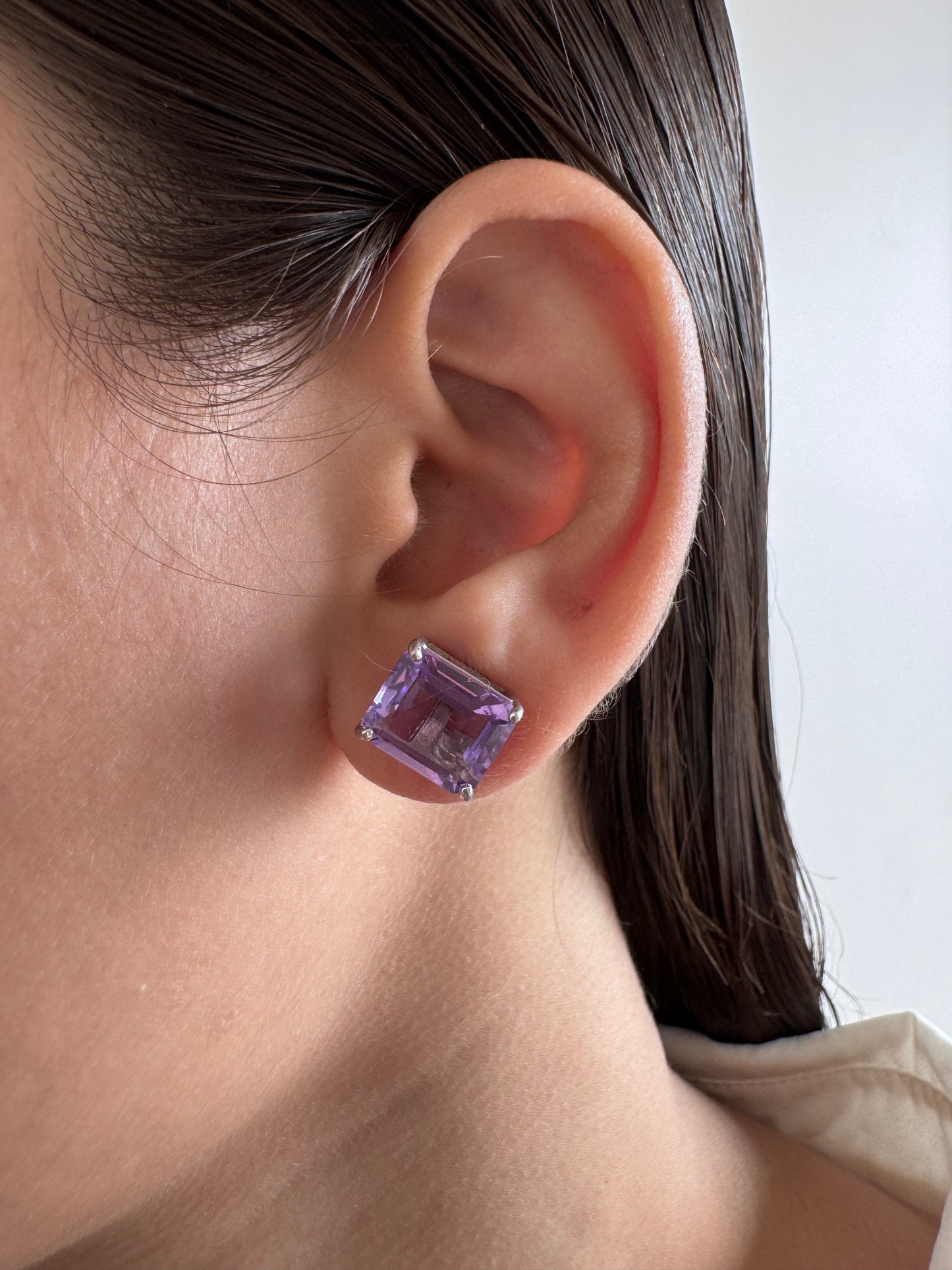 Amethyst Octagon Shape Earrings Genuine Gemstone in 925 Sterling Silver