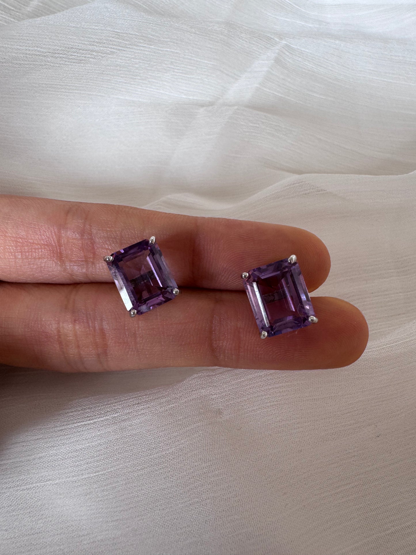 Amethyst Octagon Shape Earrings Genuine Gemstone in 925 Sterling Silver