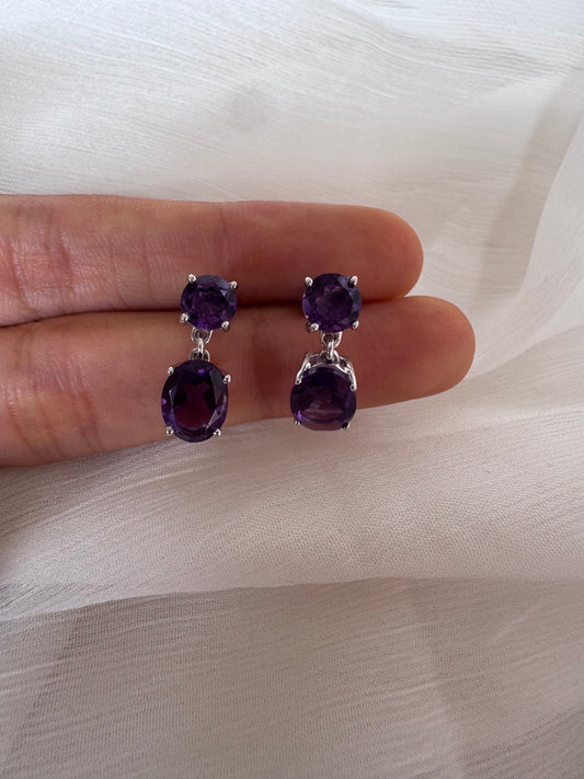 Amethyst Oval & Round Shape Earrings Genuine Gemstone in 925 Sterling Silver