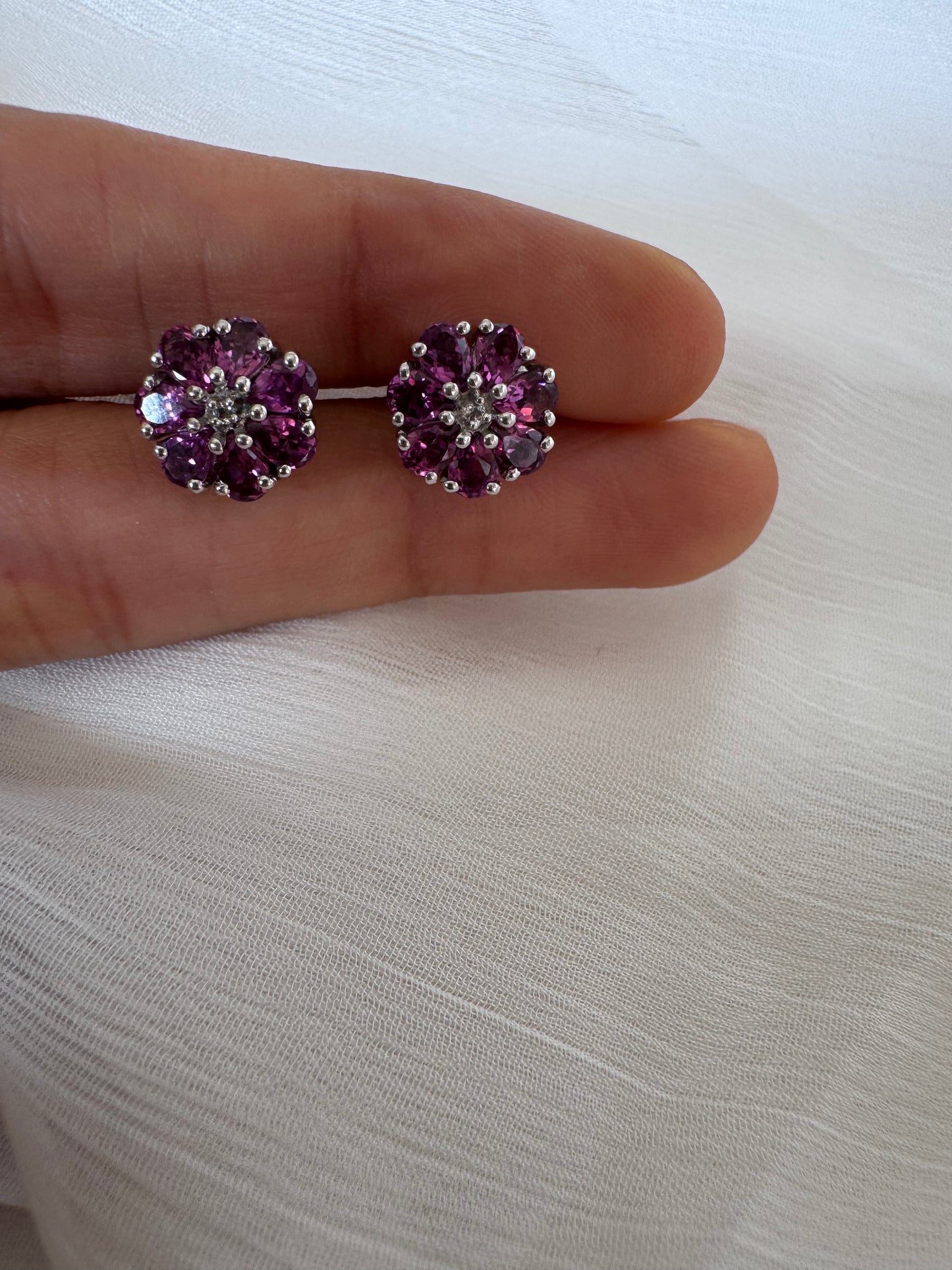 Rhodolite Pear Shape Earrings with White Topaz Round Genuine Gemstone in 925 Sterling Silver