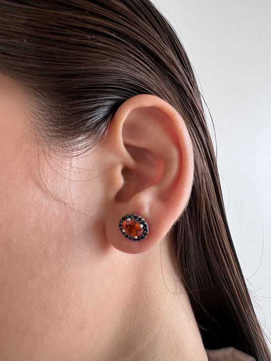 Hessonite Oval Shape Earrings with Black Spinel Round Genuine Gemstone in 925 Sterling Silver