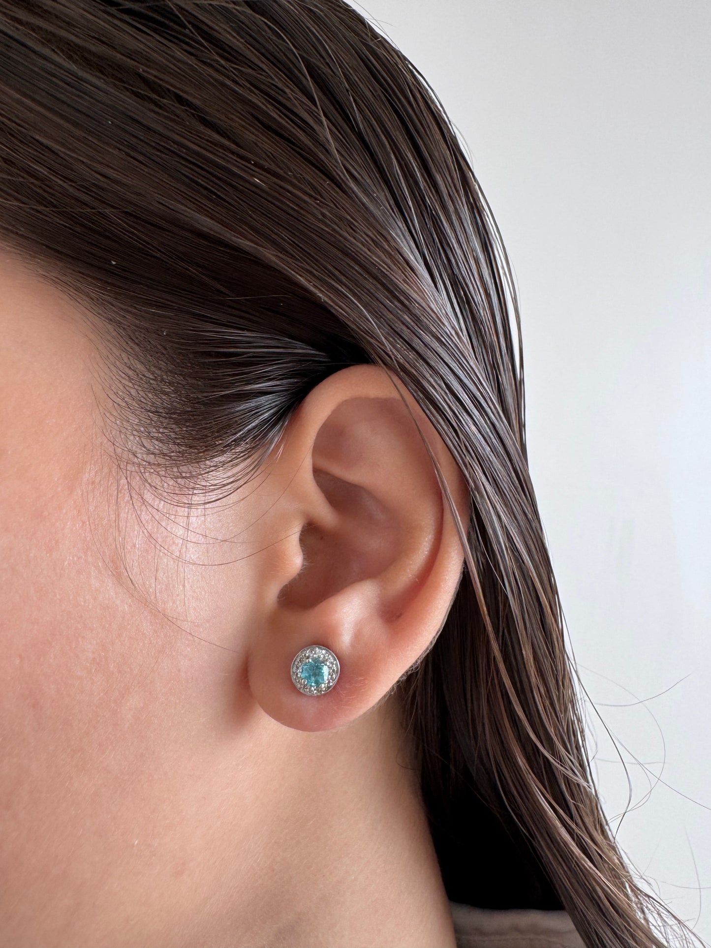 Blue Zircon Round Shape Earrings Genuine Gemstone in 925 Sterling Silver