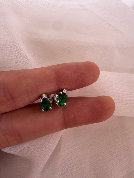 Chrome Diopside Oval Shape Earrings with White Topaz Round Genuine Gemstone in 925 Sterling Silver