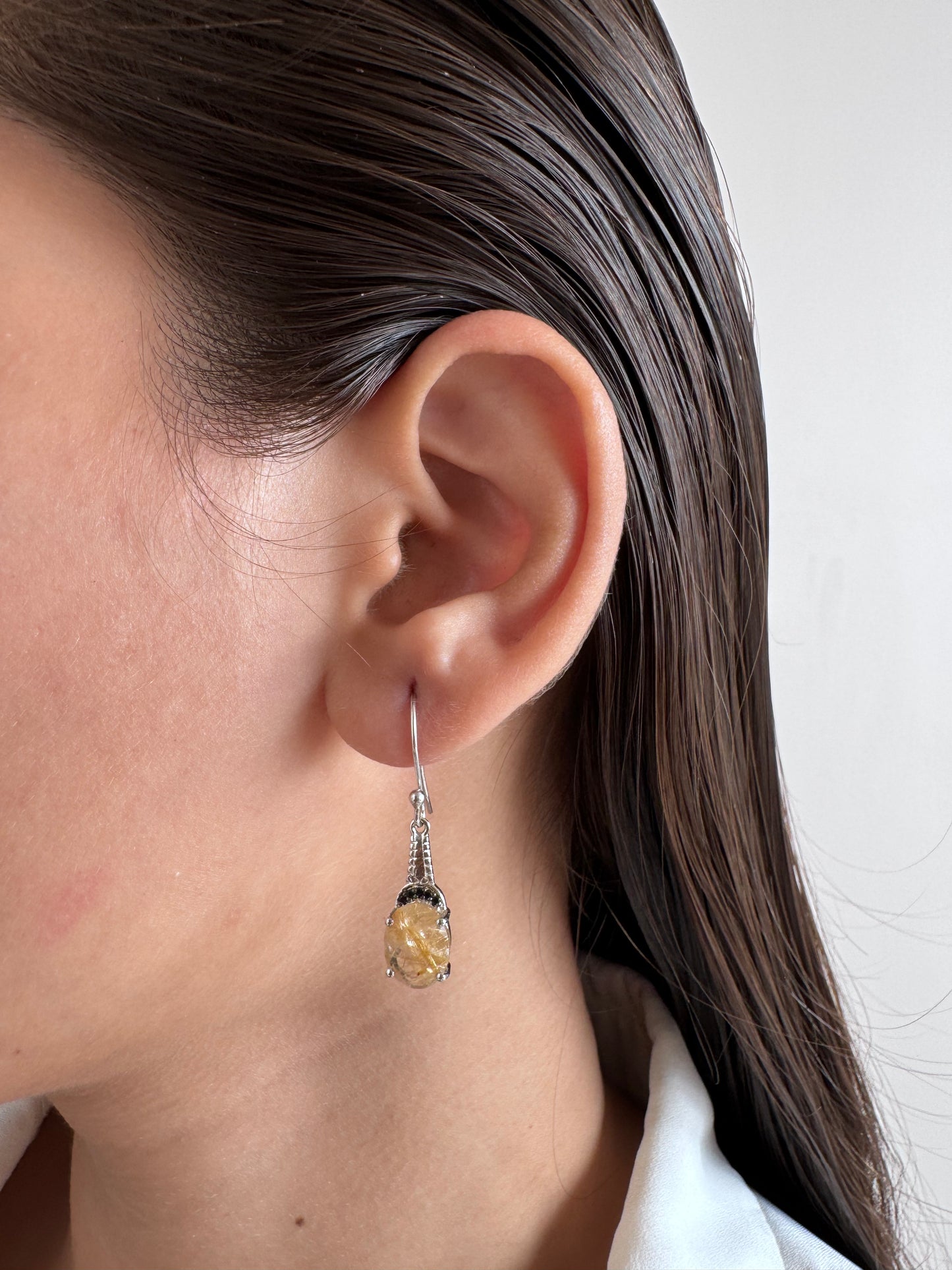 Golden Rutile Oval Shape Earrings with Black Spinel Round Genuine Gemstone in 925 Sterling Silver