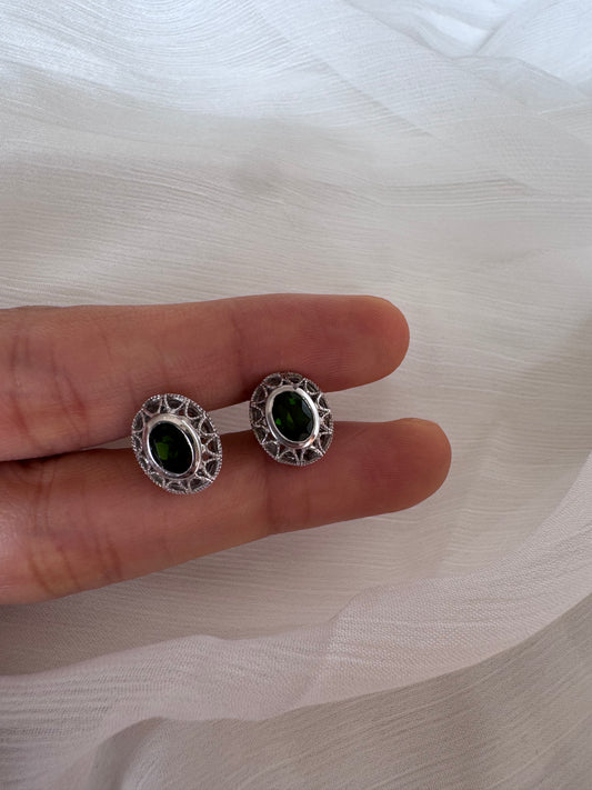 Chrome Diopside Oval Shape Earrings Genuine Gemstone in 925 Sterling Silver