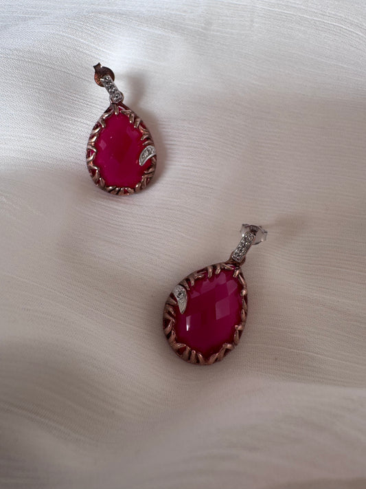 Pink Onyx Rose Cut Pear Shape Earrings with White Topaz Round Genuine Gemstone in 925 Sterling Silver