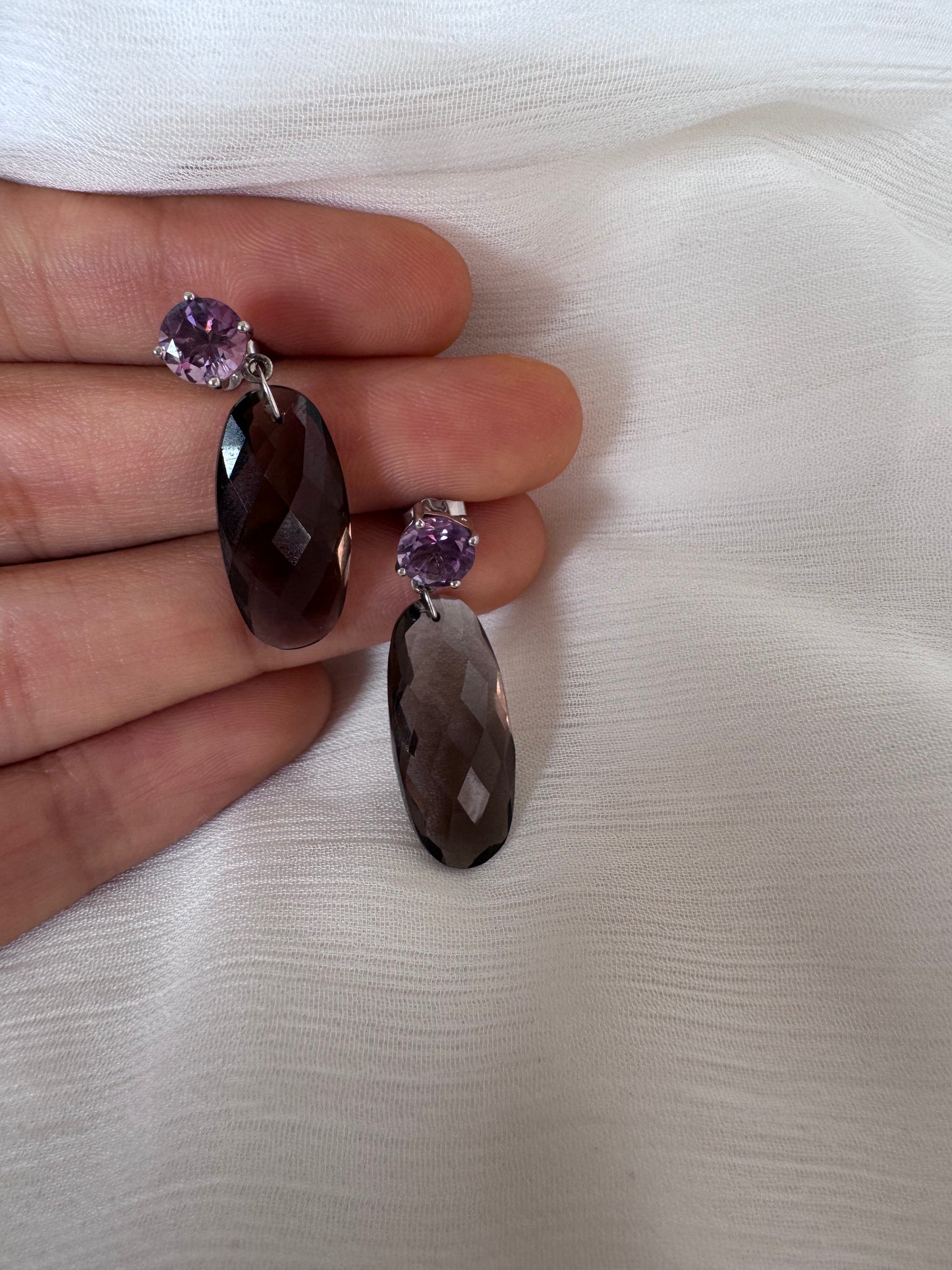 Smoky Double Sided Checkerboard Oval Shape Earrings with Amethyst Round Genuine Gemstone in 925 Sterling Silver