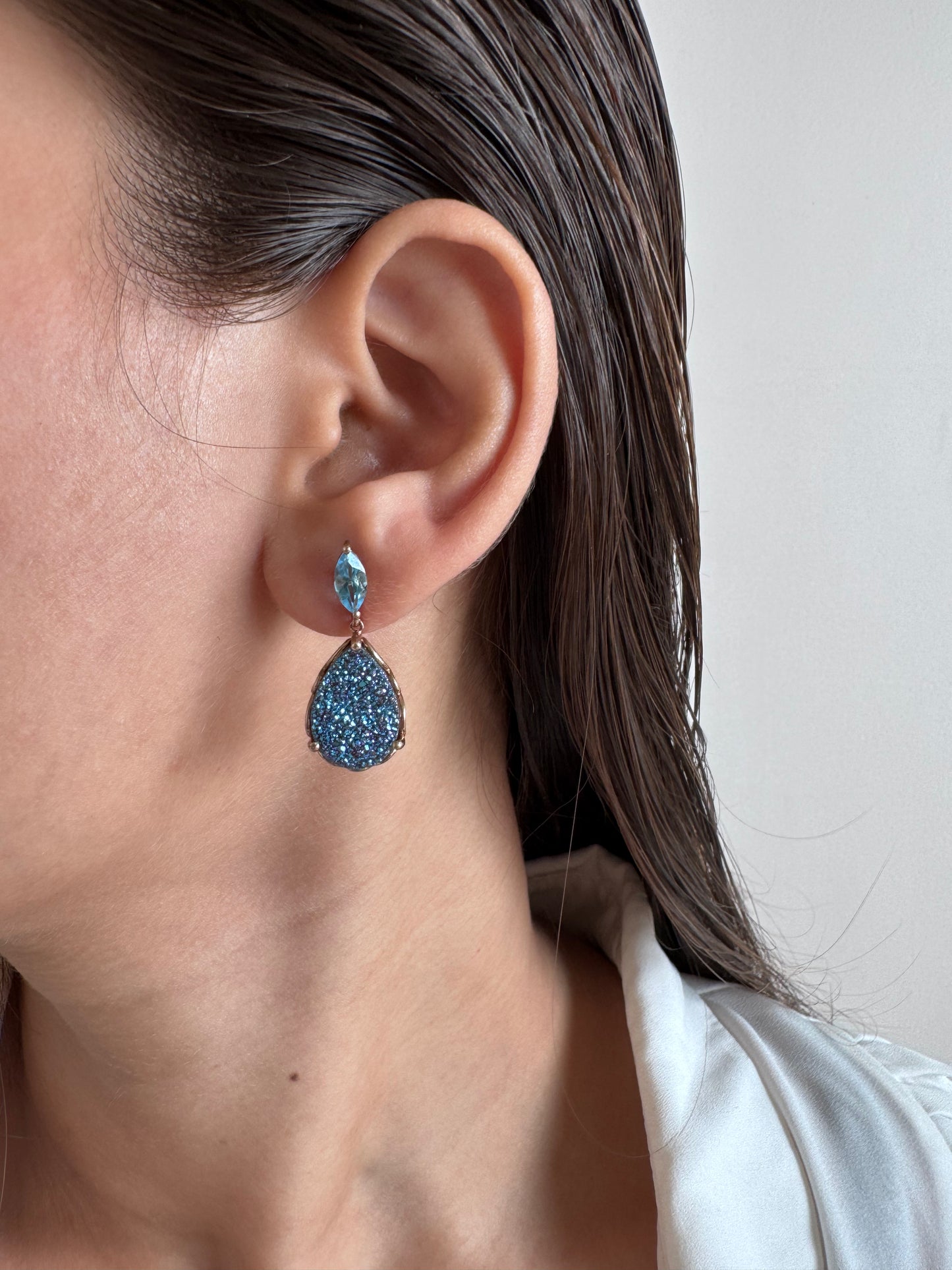 Titanium Blue Drusy Pear Shape Earrings with Blue Topaz Marquise Genuine Gemstone in 925 Sterling Silver