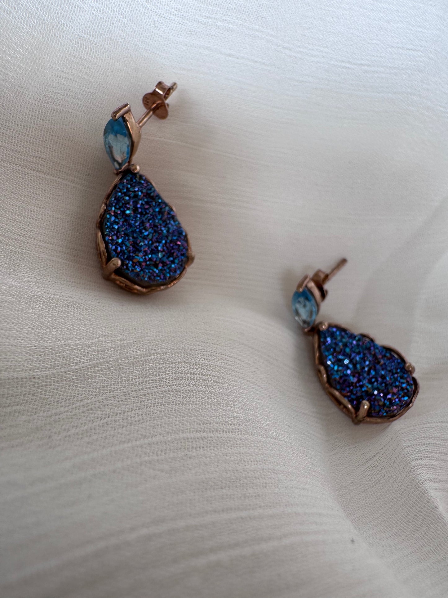 Titanium Blue Drusy Pear Shape Earrings with Blue Topaz Marquise Genuine Gemstone in 925 Sterling Silver