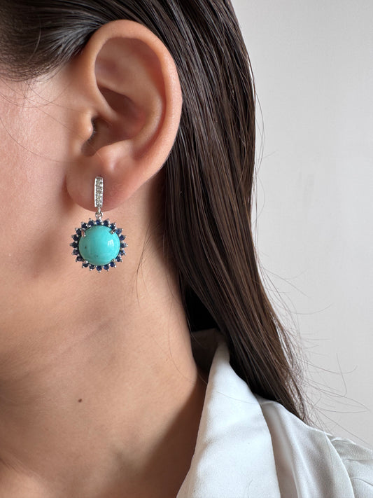 Turquoise Cabochon Round Shape Earrings with Blue Sapphire Round Genuine Gemstone in 925 Sterling Silver