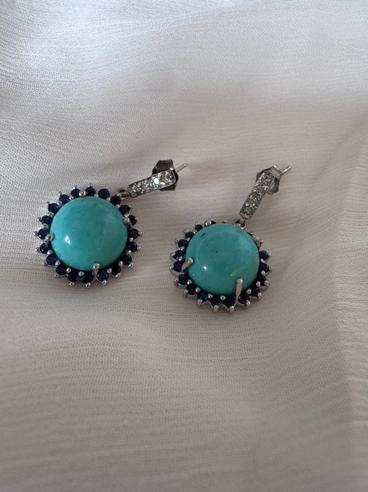 Turquoise Cabochon Round Shape Earrings with Blue Sapphire Round Genuine Gemstone in 925 Sterling Silver