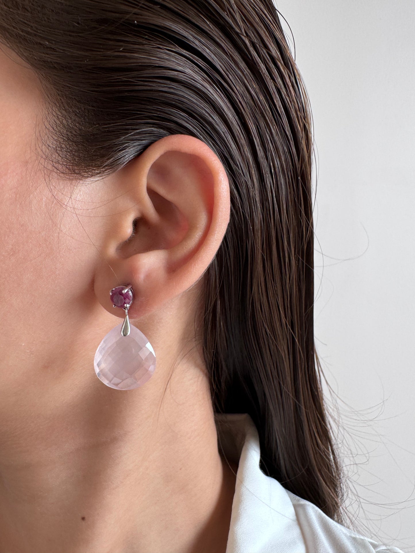 Rose Quartz Double Sided Checkerboard Briolette Shape Earrings with Ruby Round Genuine Gemstone in 925 Sterling Silver