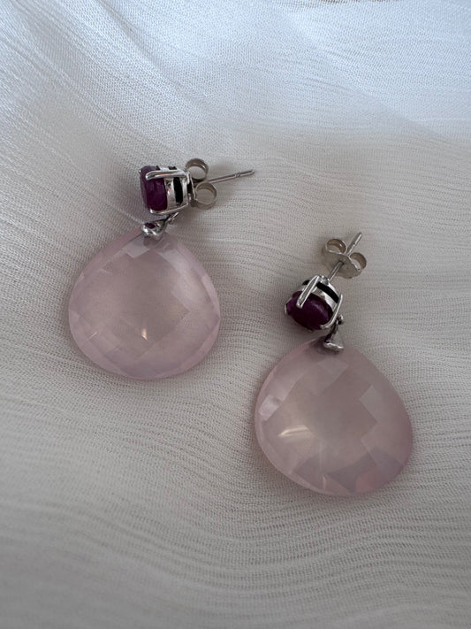 Rose Quartz Double Sided Checkerboard Briolette Shape Earrings with Ruby Round Genuine Gemstone in 925 Sterling Silver