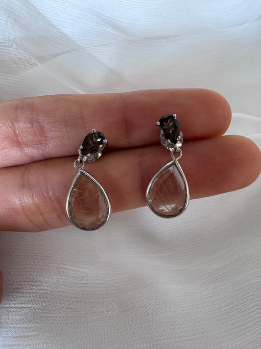 Golden Rutile Both Side Table Pear Shape Earrings with Smoky Pear Genuine Gemstone in 925 Sterling Silver