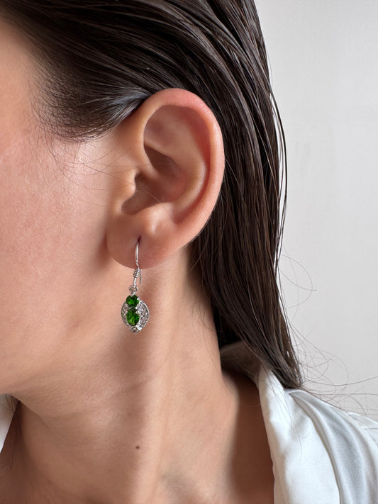 Chrome Diopside Oval & Round Shape Earrings with White Topaz Round Genuine Gemstone in 925 Sterling Silver