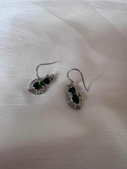 Chrome Diopside Oval & Round Shape Earrings with White Topaz Round Genuine Gemstone in 925 Sterling Silver