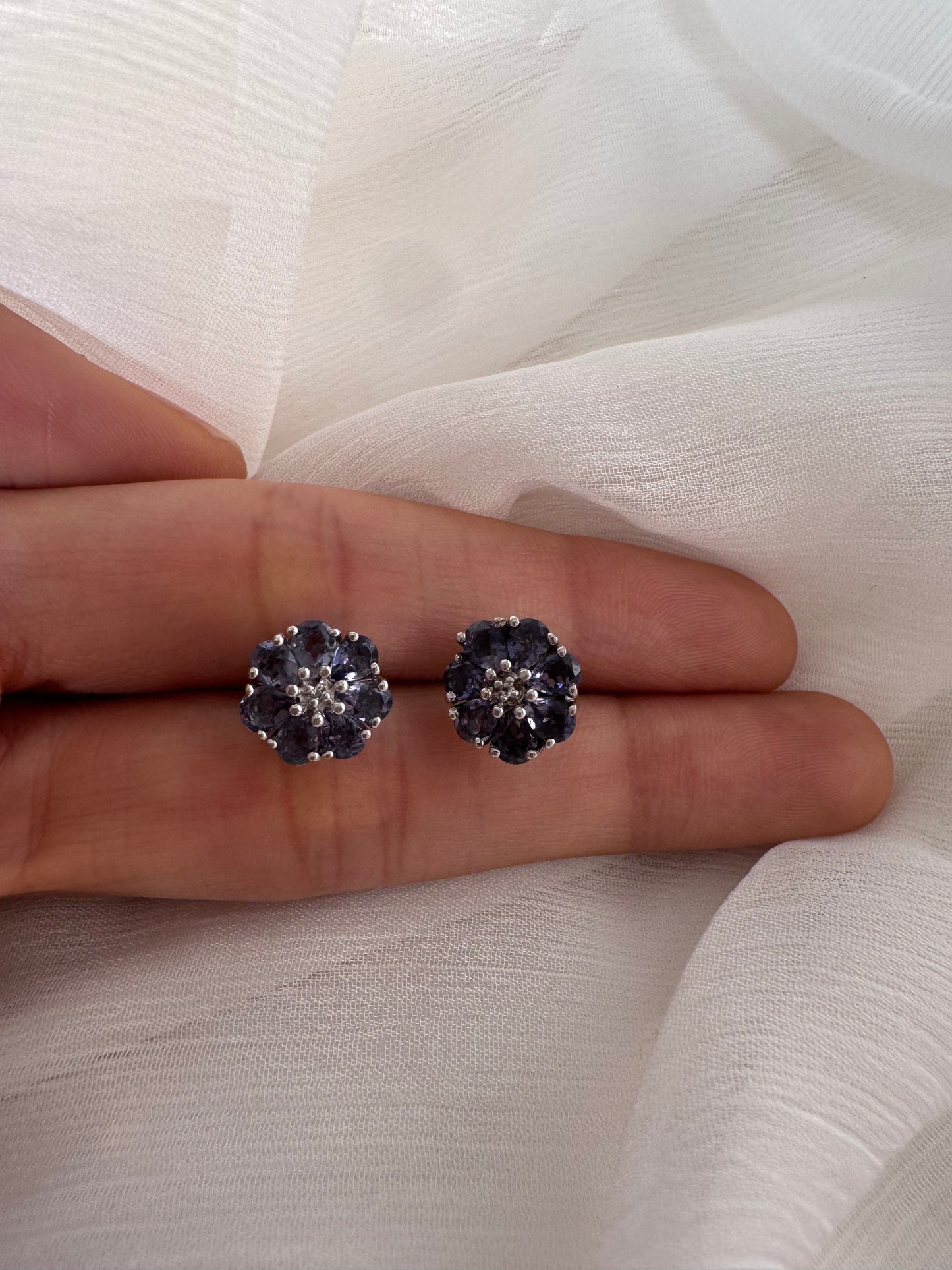 Iolite Pear Shape Earrings with White Topaz Round Genuine Gemstone in 925 Sterling Silver