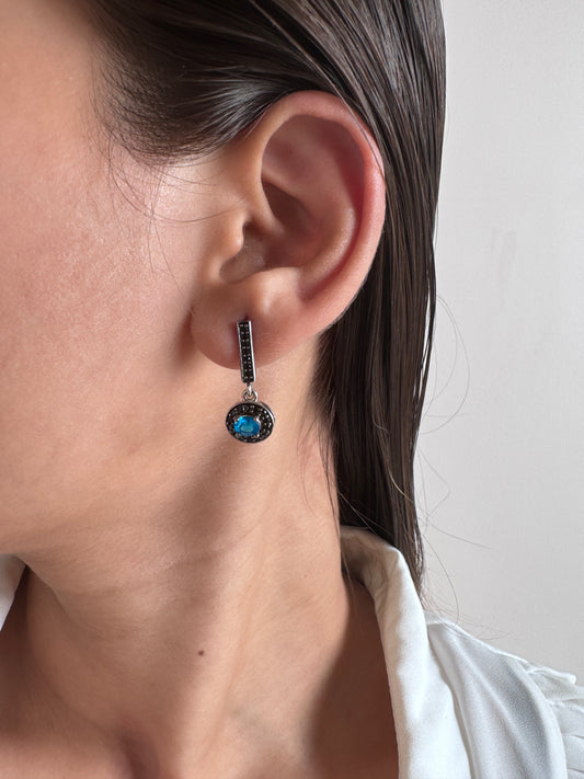 Neon Apatite Oval Shape Earrings with Blue Sapphire Round Genuine Gemstone in 925 Sterling Silver