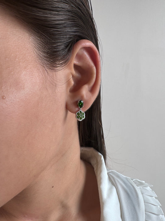 Chrome Diopside Oval & Round Shape Earrings Genuine Gemstone in 925 Sterling Silver