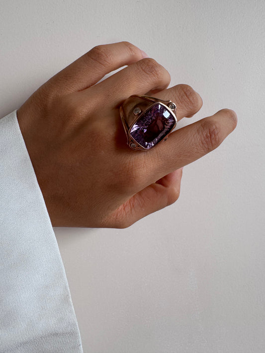 Sofia Amethyst Cushion Shape Ring with White Natural Zircon Genuine Gemstone in 925 Sterling Silver