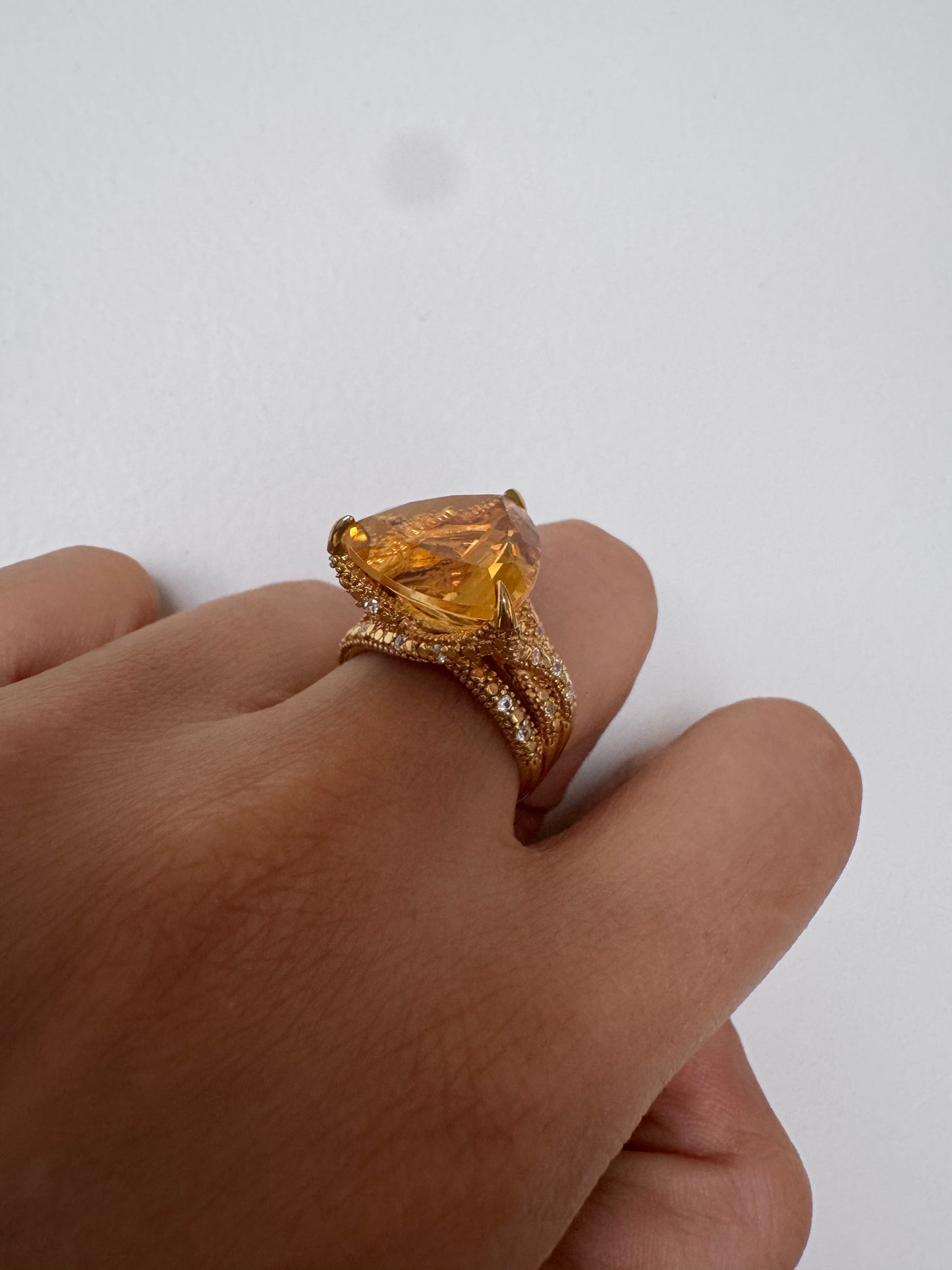 Citrine Trillion Shape Ring with White Natural Zircon Round Genuine Gemstone in 925 Sterling Silver