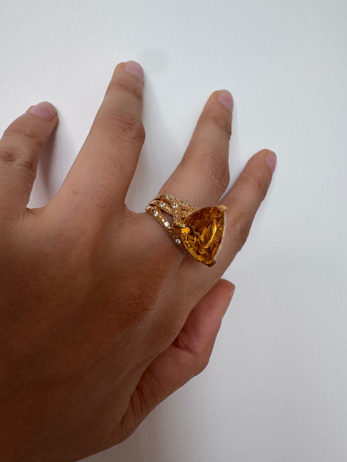 Citrine Trillion Shape Ring with White Natural Zircon Round Genuine Gemstone in 925 Sterling Silver