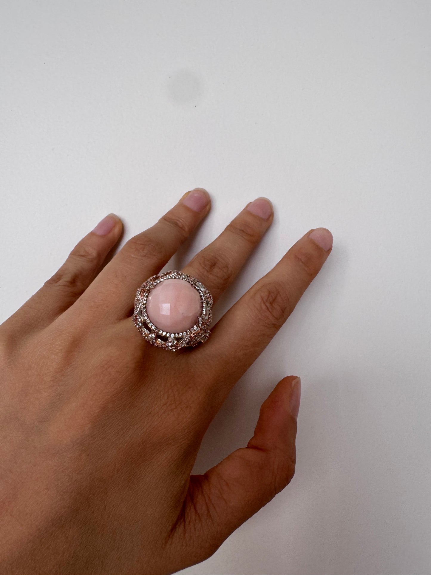 Pink Opal Rose Cut Round Shape Ring with White Natural Zircon Round Genuine Gemstone in 925 Sterling Silver