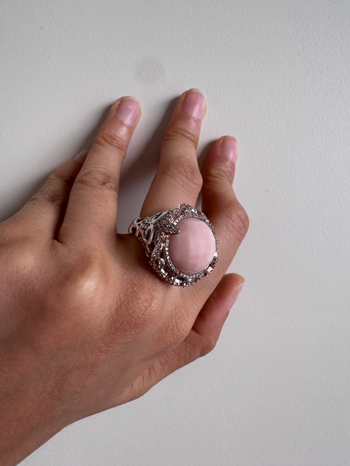 Pink Opal Rose Cut Round Shape Ring with White Natural Zircon Round Genuine Gemstone in 925 Sterling Silver