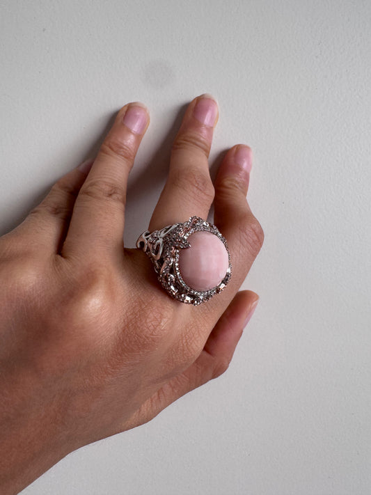 Pink Opal Rose Cut Round Shape Ring with White Natural Zircon Round Genuine Gemstone in 925 Sterling Silver