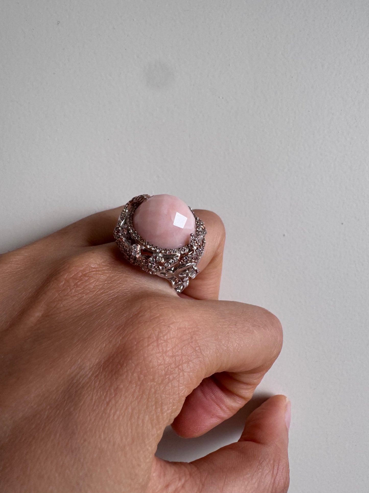 Pink Opal Rose Cut Round Shape Ring with White Natural Zircon Round Genuine Gemstone in 925 Sterling Silver