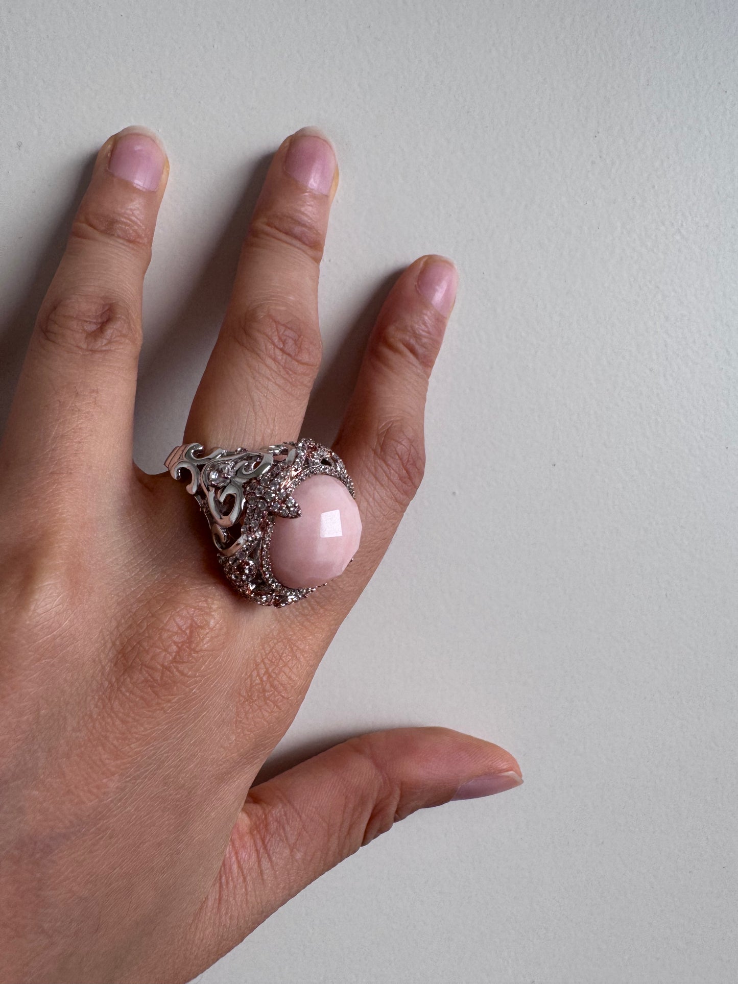 Pink Opal Rose Cut Round Shape Ring with White Natural Zircon Round Genuine Gemstone in 925 Sterling Silver