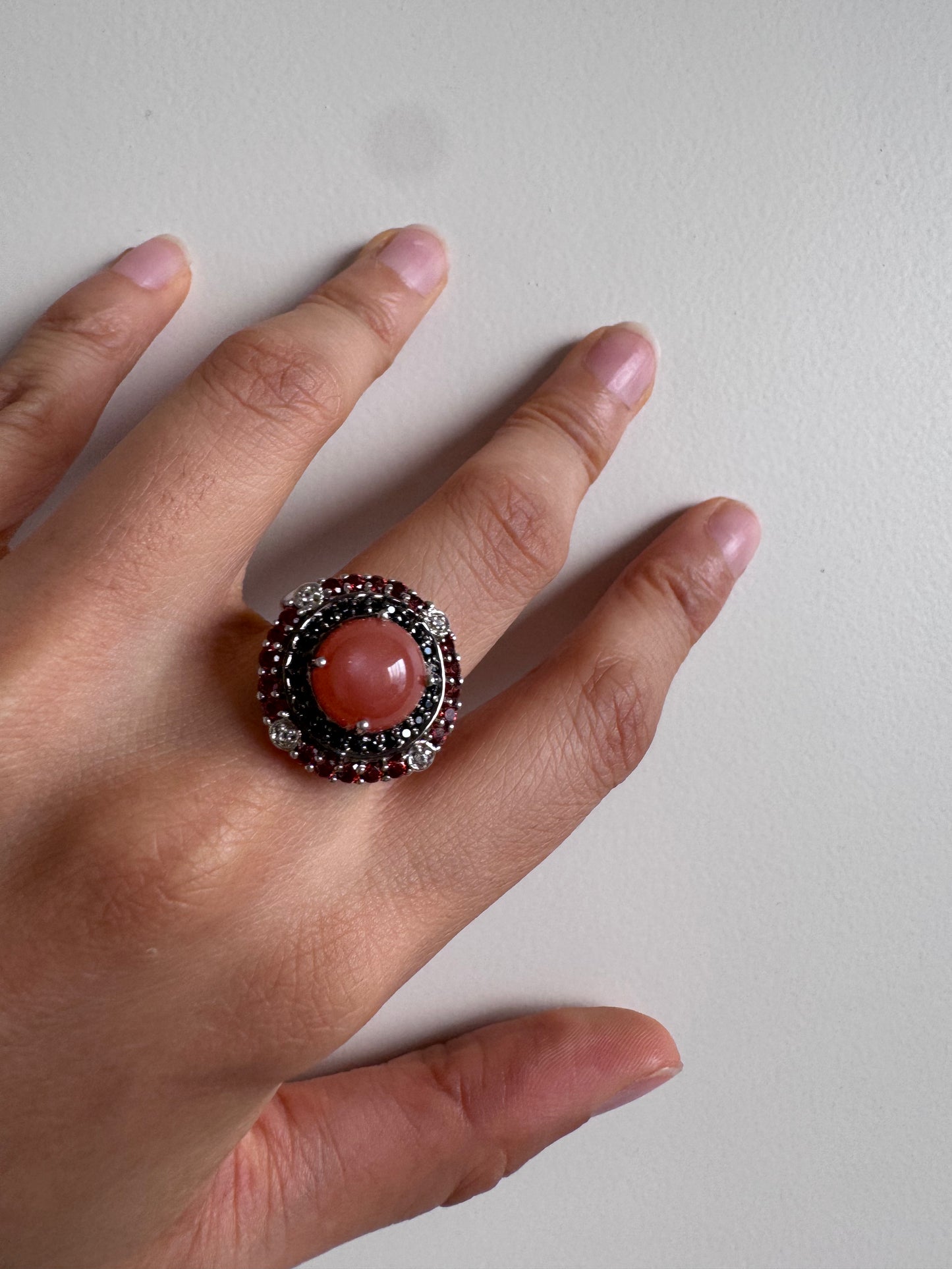 Peach Moonstone Cab Round & Red Garnet Round Shape Ring with White Natural Zircon Round Genuine Gemstone in 925 Sterling Silver