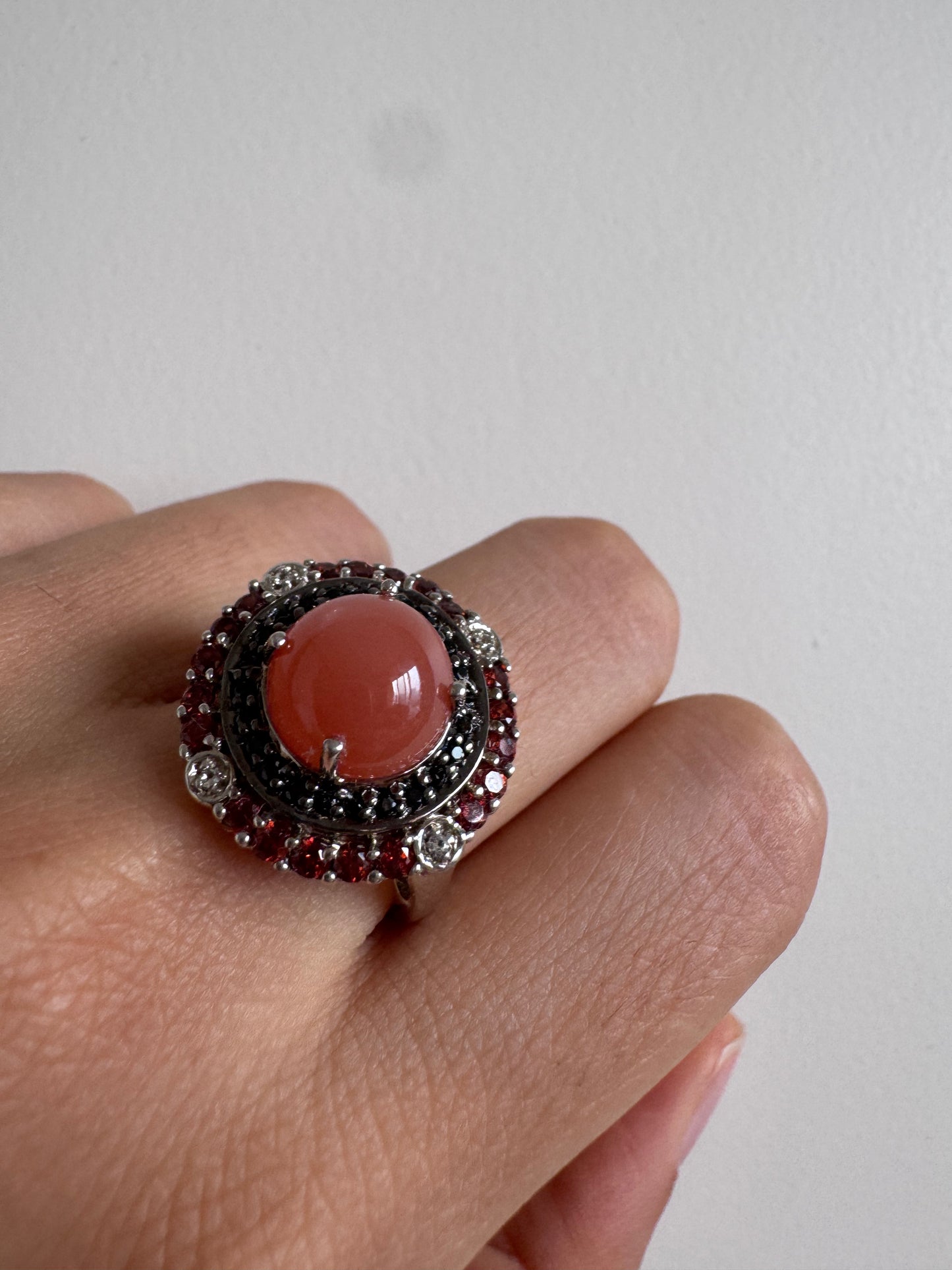 Peach Moonstone Cab Round & Red Garnet Round Shape Ring with White Natural Zircon Round Genuine Gemstone in 925 Sterling Silver