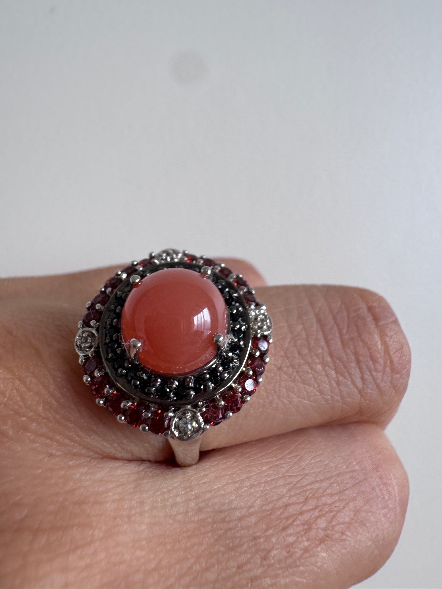 Peach Moonstone Cab Round & Red Garnet Round Shape Ring with White Natural Zircon Round Genuine Gemstone in 925 Sterling Silver