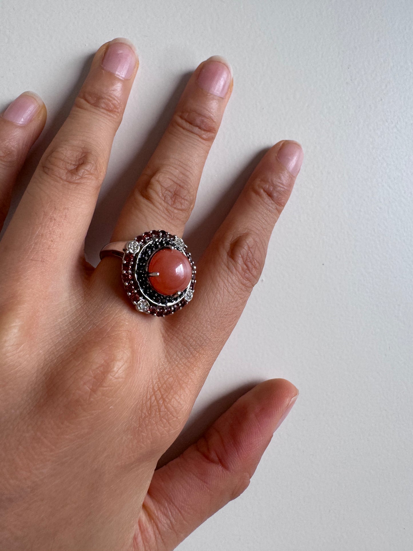 Peach Moonstone Cab Round & Red Garnet Round Shape Ring with White Natural Zircon Round Genuine Gemstone in 925 Sterling Silver