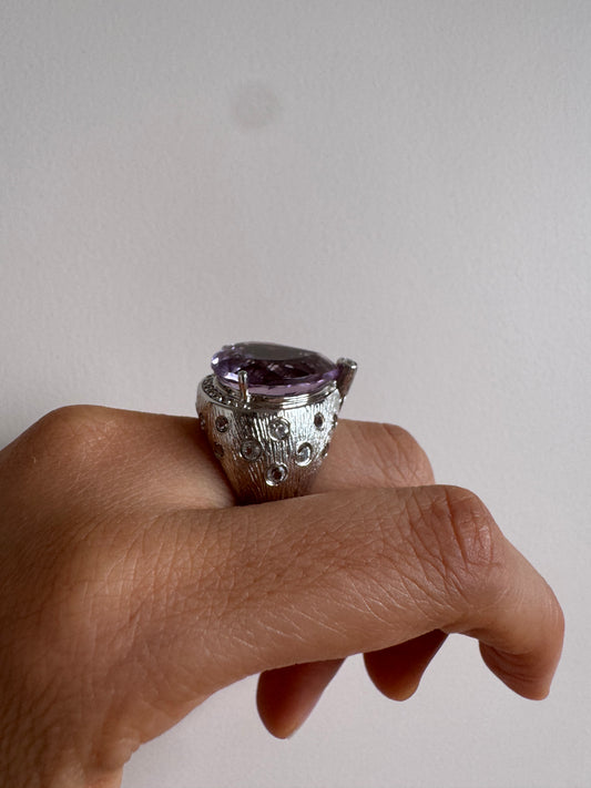 Amethyst Pear Shape Ring with White Natural Zircon Round Genuine Gemstone in 925 Sterling Silver