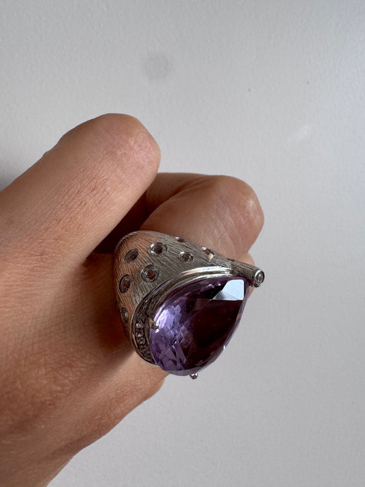 Amethyst Pear Shape Ring with White Natural Zircon Round Genuine Gemstone in 925 Sterling Silver