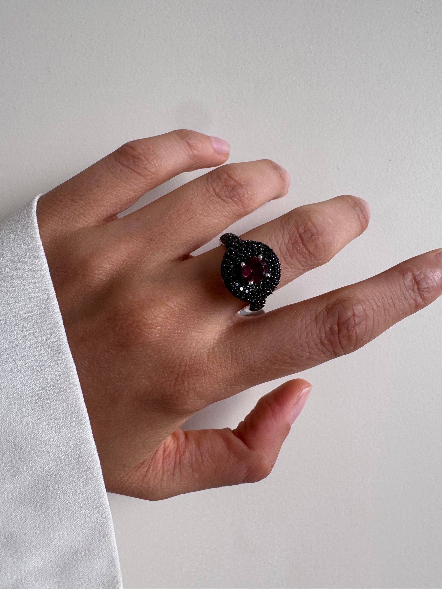 Pink Tourmaline Round Shape Ring with Black Spinel Round Genuine Gemstone in 925 Sterling Silver