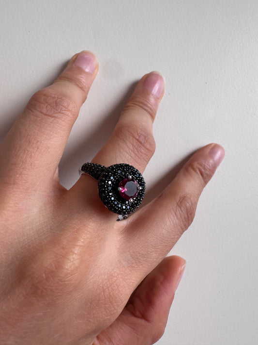 Pink Tourmaline Round Shape Ring with Black Spinel Round Genuine Gemstone in 925 Sterling Silver