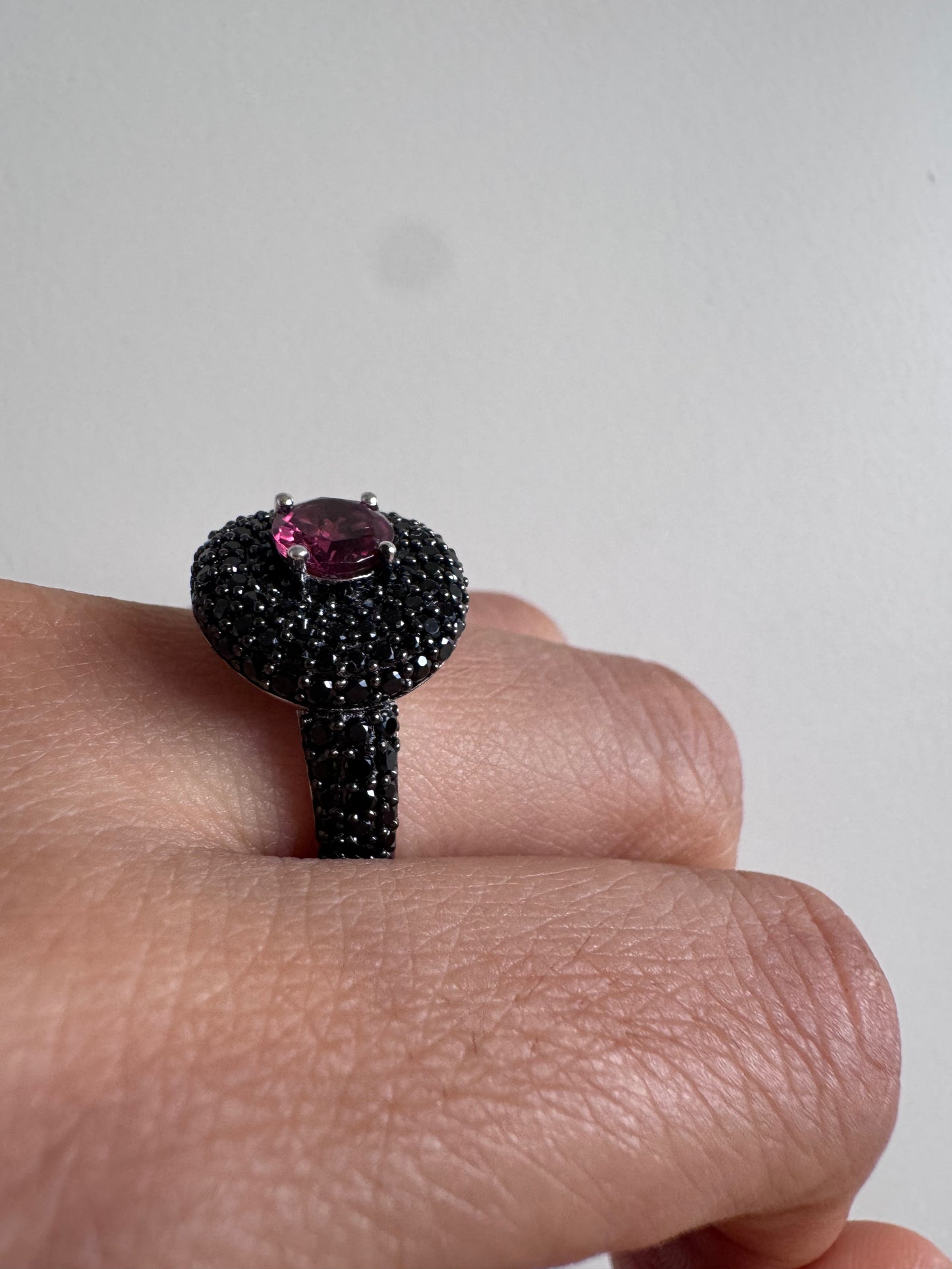 Pink Tourmaline Round Shape Ring with Black Spinel Round Genuine Gemstone in 925 Sterling Silver