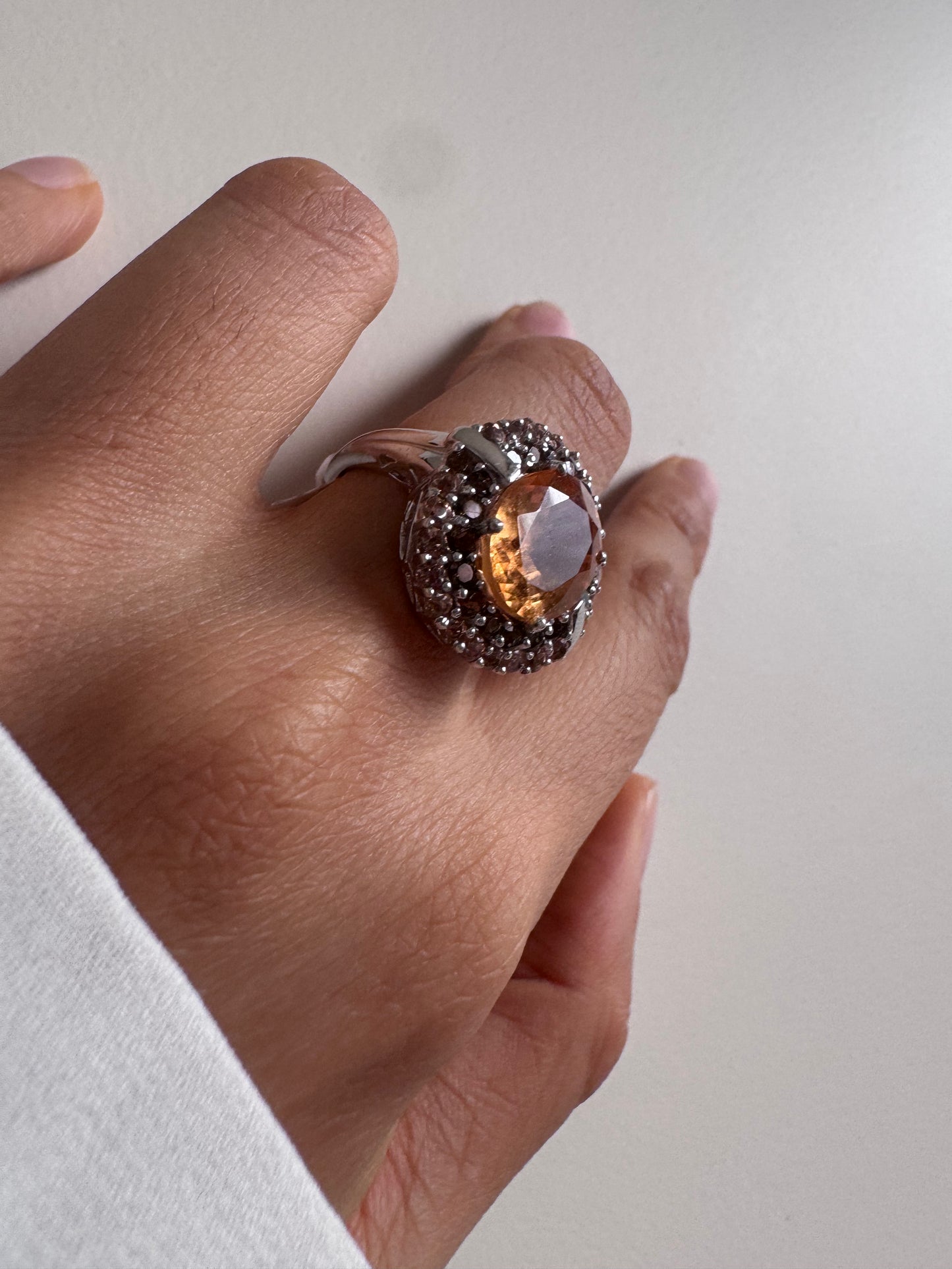 Imperial Hessonite Oval Shape Ring with Andalusite Round Genuine Gemstone in 925 Sterling Silver