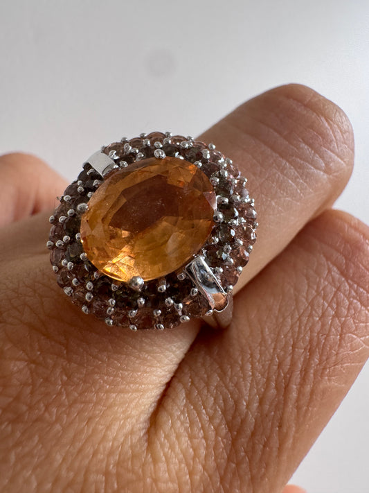 Imperial Hessonite Oval Shape Ring with Andalusite Round Genuine Gemstone in 925 Sterling Silver